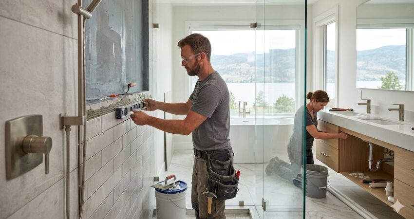 A photo capturing two professional bathroom contractors in Kelowna working on a luxury renovation, with one tiler precisely aligning wall tiles using a level and the other installing plumbing.