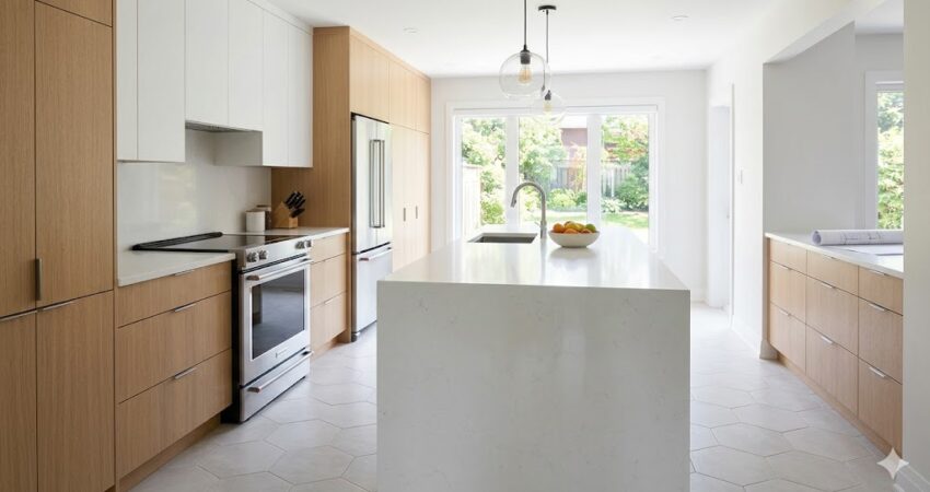 A bright, modern kitchen featuring light wood cabinetry, a large white quartz island, and stainless steel appliances, showcasing high-return home improvements