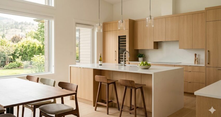 A bright, modern open-concept kitchen and dining area featuring light wood cabinetry, a white quartz island, and large windows, showcasing a beautiful home renovation Kelowna.