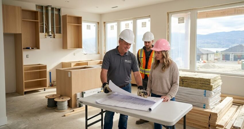 A group of professional renovation contractors Kelowna homeowners trust, wearing hard hats and safety gear, reviewing architectural blueprints on a folding table inside a bright, modern kitchen during a mid-construction remodel with scenic Okanagan valley views through large windows.