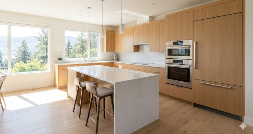 bright, modern kitchen featuring light wood cabinetry, a white quartz waterfall island, and scenic window views, showcasing the high-quality renovations Kelowna homeowners invest in for better daily function