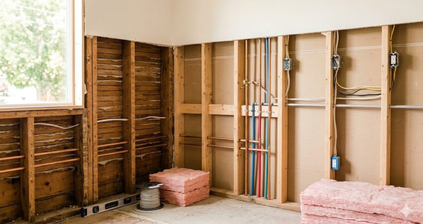 An interior view of a home stripped to the studs during major house renovations, revealing exposed wall framing, newly installed copper and PEX plumbing lines, electrical wiring, and stacks of pink insulation