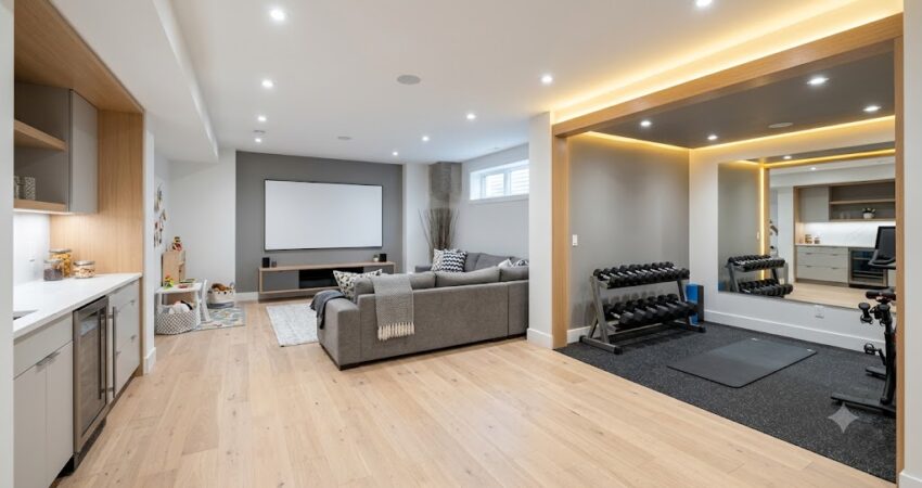 A modern, open-concept basement remodeling project showcasing a multi-zone layout with a dedicated home gym, a cozy media lounge with a projector screen, and a sleek wet bar.