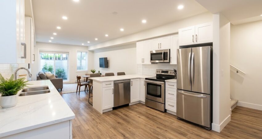 A bright, open-concept basement rental suite addition featuring a modern white kitchen with quartz countertops, stainless steel appliances, and durable luxury vinyl plank flooring.