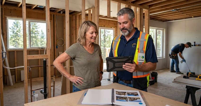 A smiling homeowner reviews project plans on a tablet with professional home renovation contractors in Kelowna inside a house under construction with exposed wood framing
