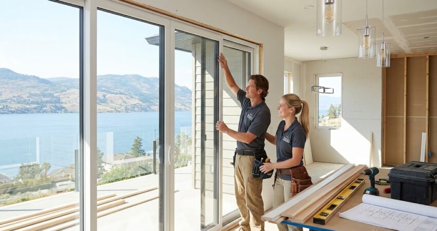 A renovation company in Kelowna team installing large energy-efficient sliding glass doors in a lakeside home under construction.